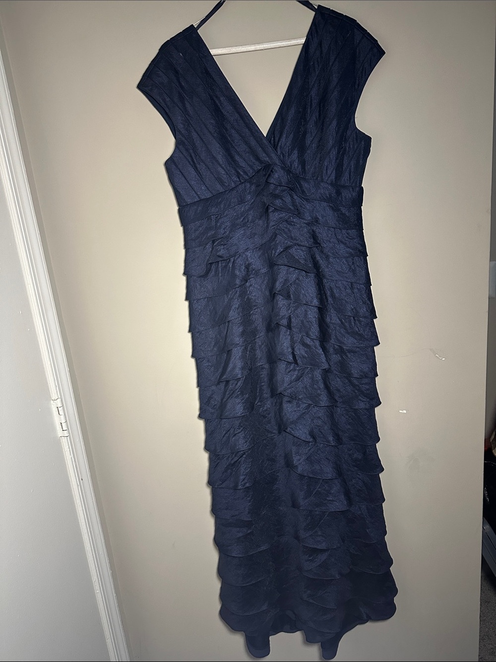 Adrianna Papell Occasions Navy Ruffled V-Neck long formal dress